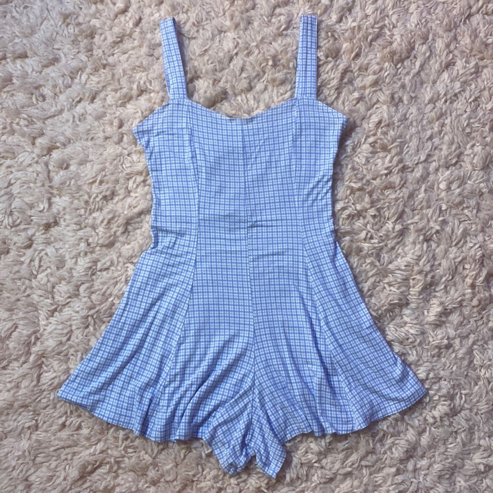 Forever 21 Baby Blue and Purple Micro Plaid Print Flowy Romper